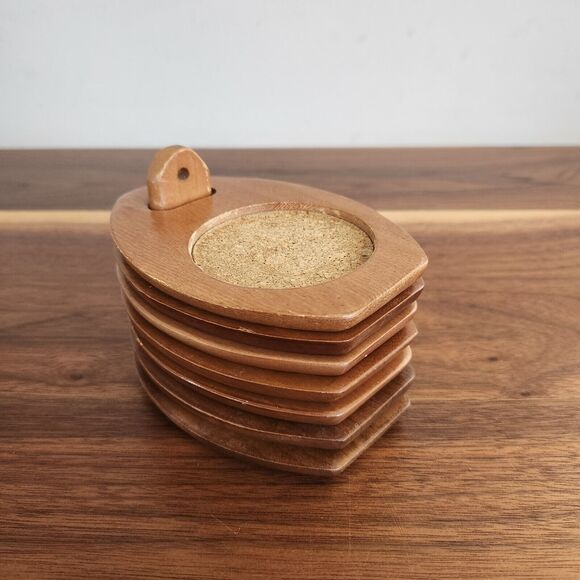 Vintage Wooden Wood Coaster Set Stacking Cork MCM Mid Century Modern 7 Piece - Picture 1 of 9